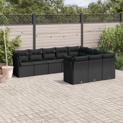 Set canapele de grădină cu perne, 10 piese, negru, poliratan GartenMobel Dekor