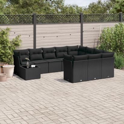 Set canapele de grădină cu perne, 11 piese, negru, poliratan GartenMobel Dekor