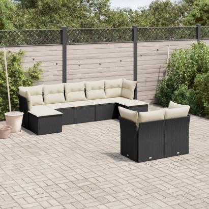 Set mobilier de grădină cu perne, 9 piese, negru, poliratan GartenMobel Dekor