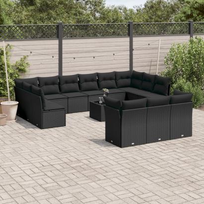 Set mobilier de grădină cu perne, 14 piese, negru, poliratan GartenMobel Dekor