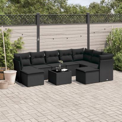 Set canapele de grădină cu perne, 10 piese, negru, poliratan GartenMobel Dekor