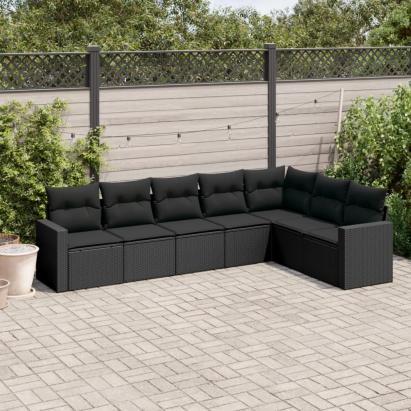 Set canapele de grădină cu perne, 7 piese, negru, poliratan GartenMobel Dekor
