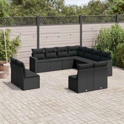 Set canapele de grădină cu perne, 11 piese, negru, poliratan GartenMobel Dekor