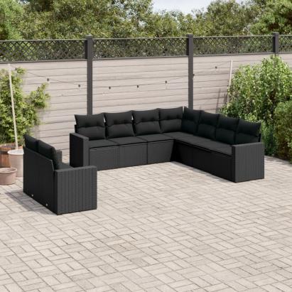 Set mobilier de grădină cu perne, 9 piese, negru, poliratan GartenMobel Dekor