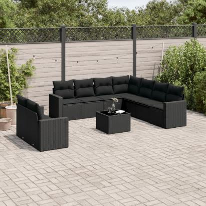 Set canapele de grădină cu perne, 10 piese, negru, poliratan GartenMobel Dekor