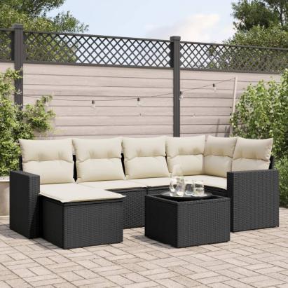 Set canapele de grădină cu perne, 7 piese, negru, poliratan GartenMobel Dekor