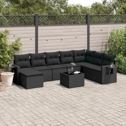 Set mobilier de grădină cu perne, 9 piese, negru, poliratan GartenMobel Dekor