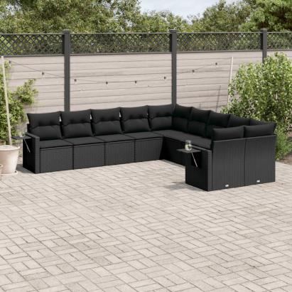 Set canapele de grădină cu perne, 10 piese, negru, poliratan GartenMobel Dekor