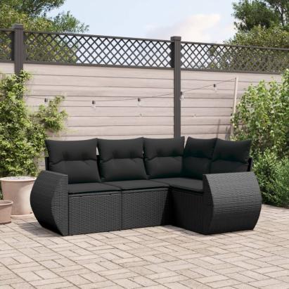 Set mobilier de grădină cu perne, 4 piese, negru, poliratan GartenMobel Dekor