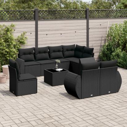 Set mobilier de grădină cu perne, 9 piese, negru, poliratan GartenMobel Dekor