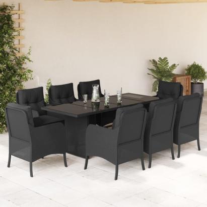 Set mobilier de grădină cu perne, 9 piese, negru, poliratan GartenMobel Dekor