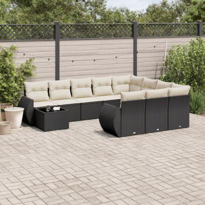 Set canapele de grădină cu perne, 11 piese, negru, poliratan GartenMobel Dekor