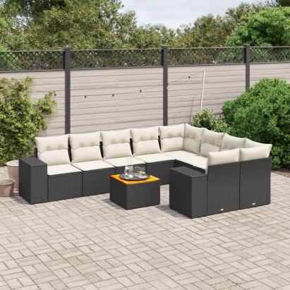 Set canapele de grădină cu perne, 10 piese, negru, poliratan GartenMobel Dekor