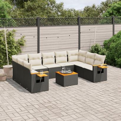 Set canapele de grădină cu perne, 10 piese, negru, poliratan GartenMobel Dekor