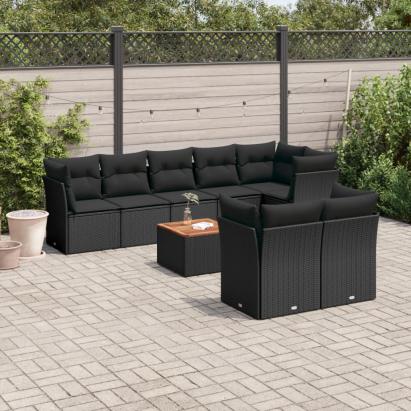 Set mobilier de grădină cu perne, 9 piese, negru, poliratan GartenMobel Dekor
