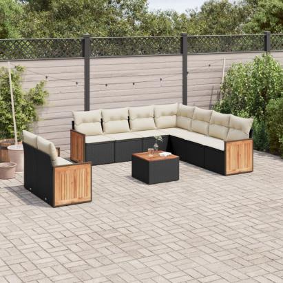 Set canapele de grădină cu perne, 10 piese, negru, poliratan GartenMobel Dekor