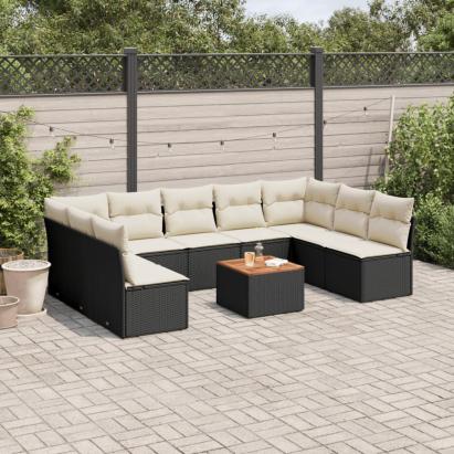 Set canapele de grădină cu perne, 10 piese, negru, poliratan GartenMobel Dekor