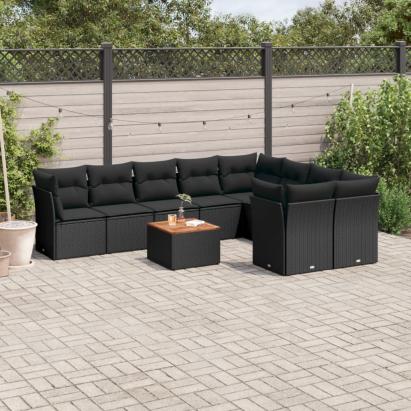 Set canapele de grădină cu perne, 10 piese, negru, poliratan GartenMobel Dekor