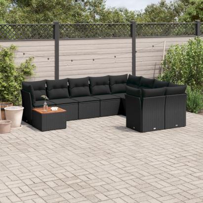 Set canapele de grădină cu perne, 10 piese, negru, poliratan GartenMobel Dekor