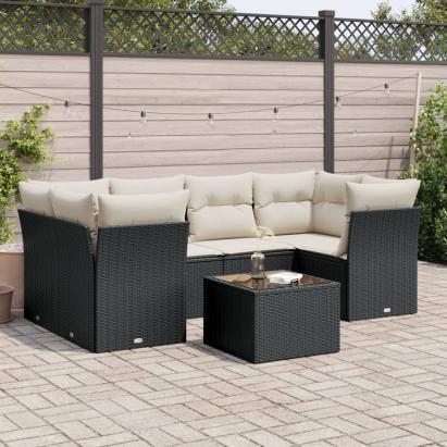 Set canapele de grădină cu perne, 7 piese, negru, poliratan GartenMobel Dekor