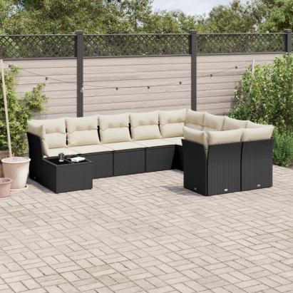 Set canapele de grădină cu perne, 10 piese, negru, poliratan GartenMobel Dekor