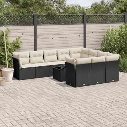 Set canapele de grădină cu perne, 11 piese, negru, poliratan GartenMobel Dekor