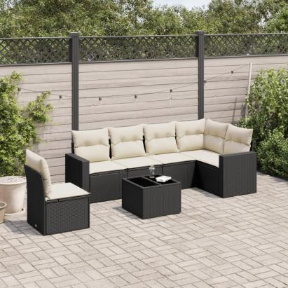 Set canapele de grădină cu perne, 7 piese, negru, poliratan GartenMobel Dekor