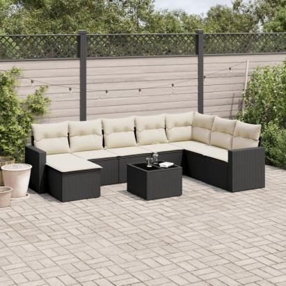 Set mobilier de grădină cu perne, 9 piese, negru, poliratan GartenMobel Dekor