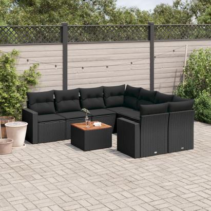 Set mobilier de grădină cu perne, 9 piese, negru, poliratan GartenMobel Dekor