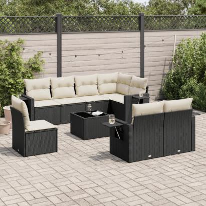 Set mobilier de grădină cu perne, 9 piese, negru, poliratan GartenMobel Dekor