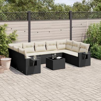 Set canapele de grădină cu perne, 10 piese, negru, poliratan GartenMobel Dekor