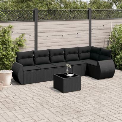 Set canapele de grădină cu perne, 7 piese, negru, poliratan GartenMobel Dekor
