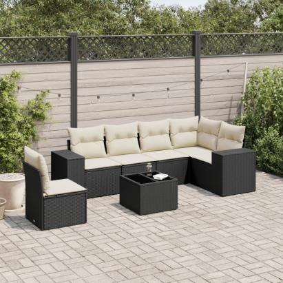 Set canapele de grădină cu perne, 7 piese, negru, poliratan GartenMobel Dekor