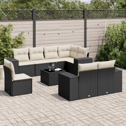 Set mobilier de grădină cu perne, 9 piese, negru, poliratan GartenMobel Dekor