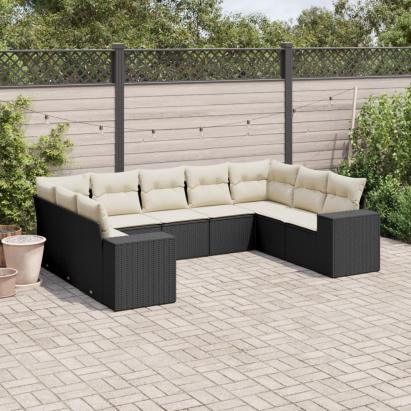 Set mobilier de grădină cu perne, 9 piese, negru, poliratan GartenMobel Dekor