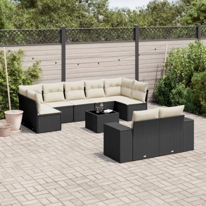 Set canapele de grădină cu perne, 10 piese, negru, poliratan GartenMobel Dekor