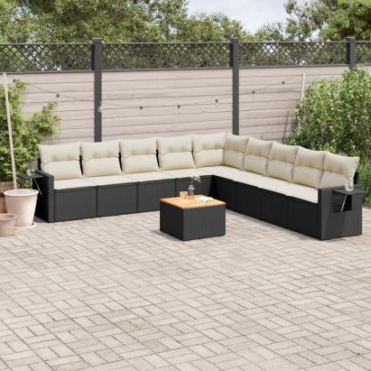 Set canapele de grădină cu perne, 10 piese, negru, poliratan GartenMobel Dekor