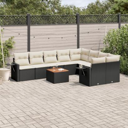 Set canapele de grădină cu perne, 10 piese, negru, poliratan GartenMobel Dekor