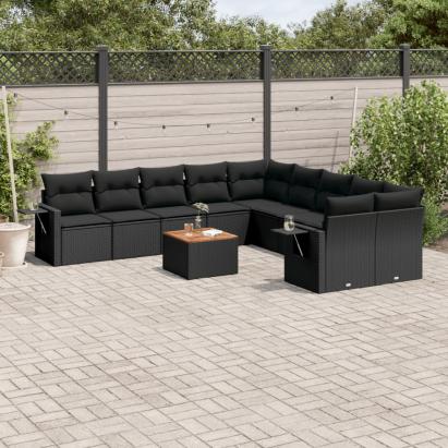 Set canapele de grădină cu perne, 11 piese, negru, poliratan GartenMobel Dekor