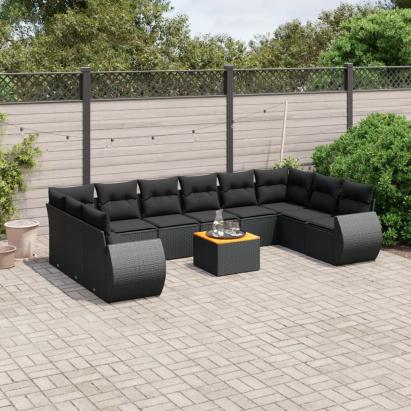 Set canapele de grădină cu perne, 11 piese, negru, poliratan GartenMobel Dekor