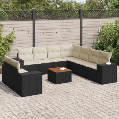 Set canapele de grădină cu perne, 10 piese, negru, poliratan GartenMobel Dekor