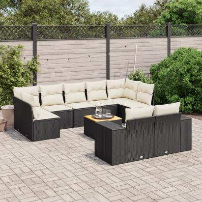Set canapele de grădină cu perne, 10 piese, negru, poliratan GartenMobel Dekor