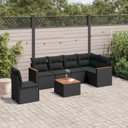 Set canapele de grădină cu perne, 7 piese, negru, poliratan GartenMobel Dekor