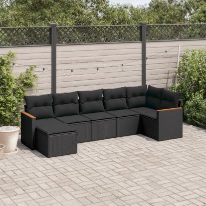 Set canapele de grădină cu perne, 7 piese, negru, poliratan GartenMobel Dekor
