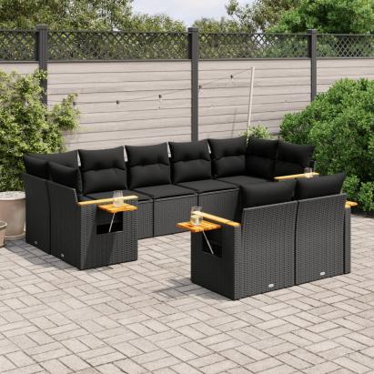 Set mobilier de grădină cu perne, 9 piese, negru, poliratan GartenMobel Dekor