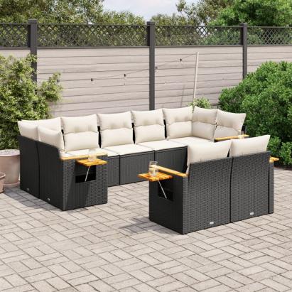 Set mobilier de grădină cu perne, 9 piese, negru, poliratan GartenMobel Dekor