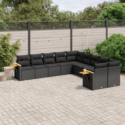 Set canapele de grădină cu perne, 10 piese, negru, poliratan GartenMobel Dekor