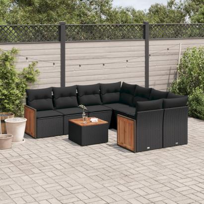 Set mobilier de grădină cu perne, 9 piese, negru, poliratan GartenMobel Dekor