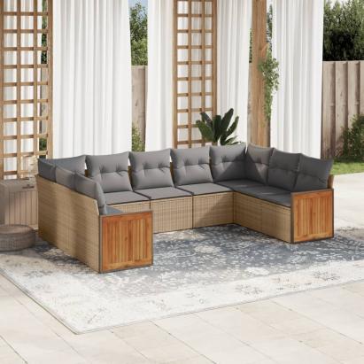 Set canapele de grădină, 9 piese, cu perne, bej, poliratan GartenMobel Dekor