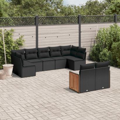 Set mobilier de grădină cu perne, 9 piese, negru, poliratan GartenMobel Dekor